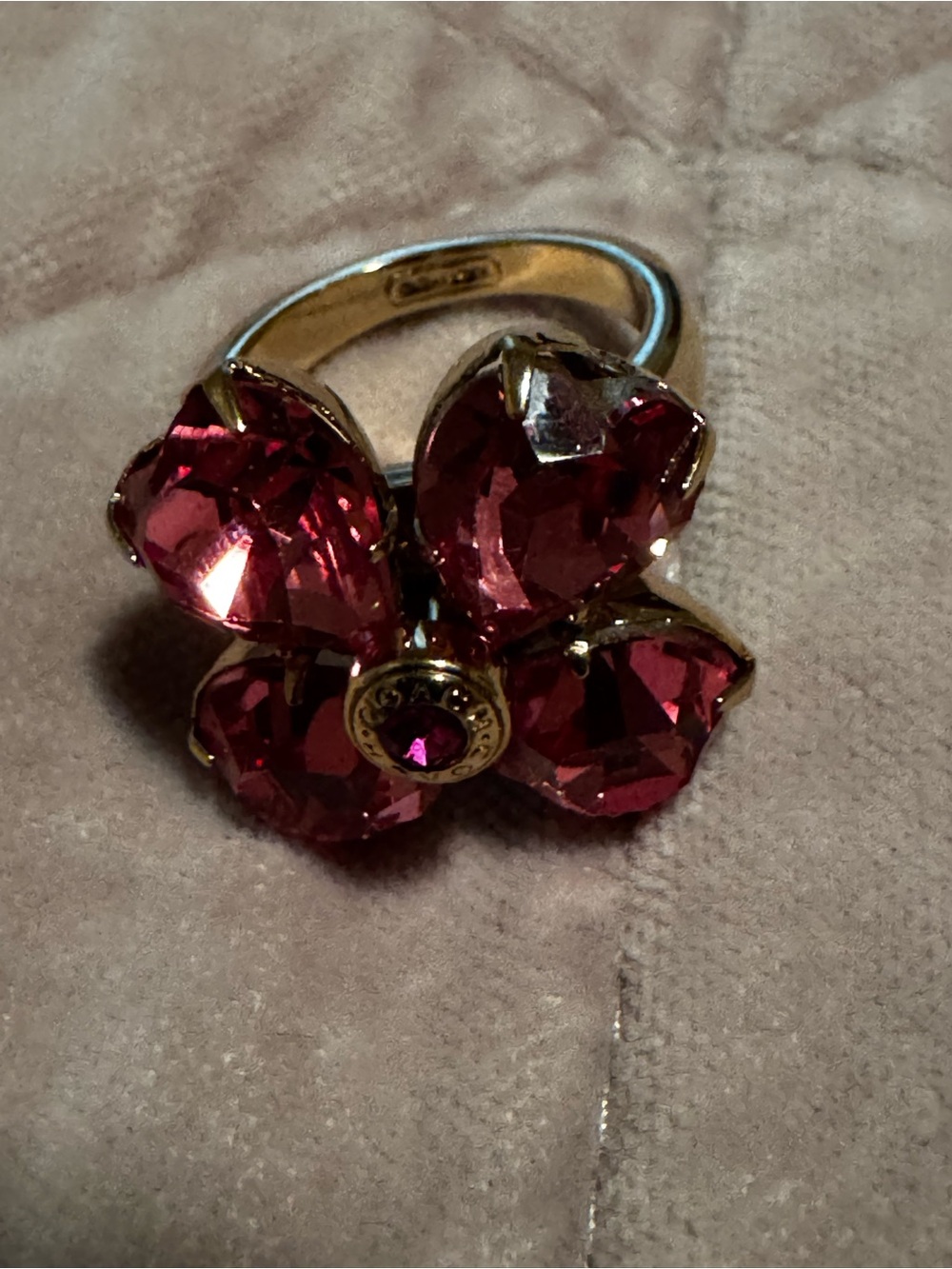Coach Pink Crystal Floral Cocktail Ring - Gold-Tone - Picture 2 of 3